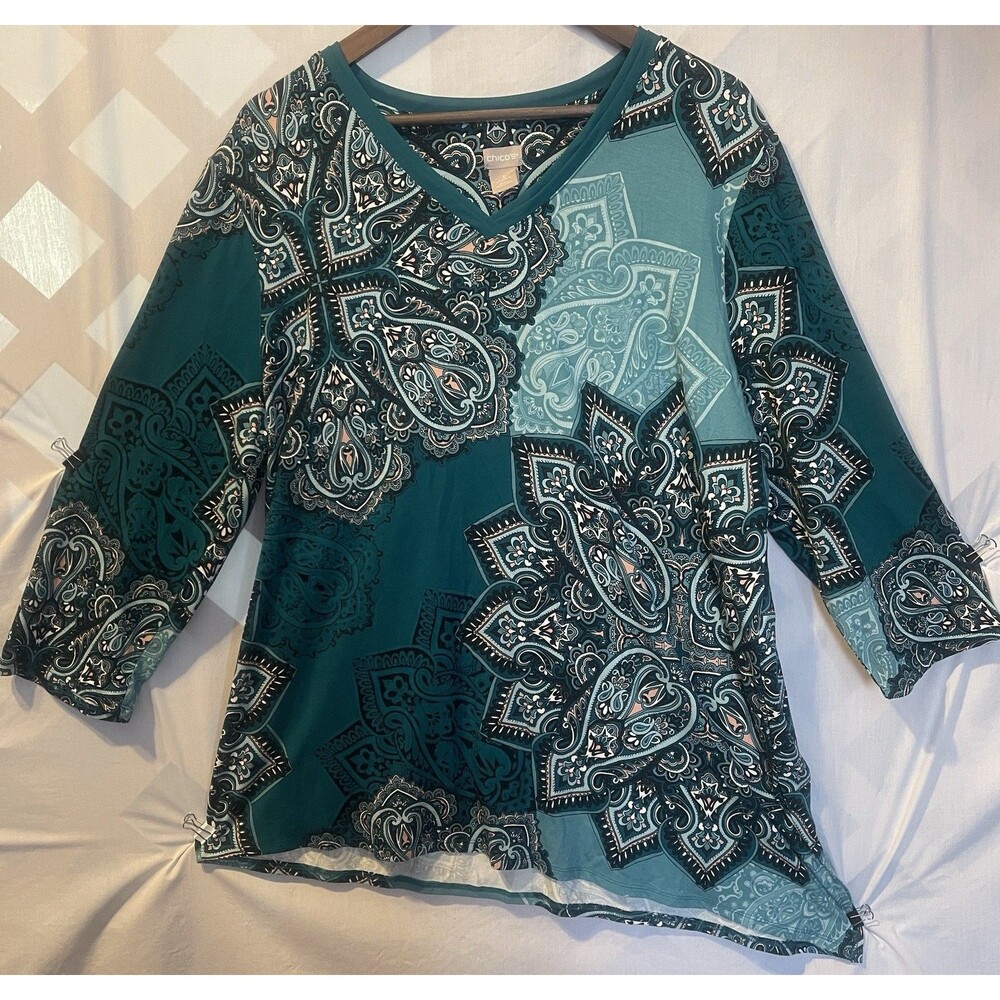 NWT CHICO'S Teal & Aqua Blue Paisley Print Handkerchief Hem Top/Tunic 3 XL Boho